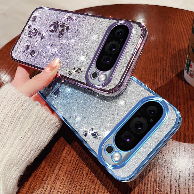 KADEM For Google Pixel 9 Glitter Phone Case Flower Pattern Gradient TPU Cover with Lanyard KADEM For Google Pixel 9 Glitter Phone Case Flower Pattern Gradient TPU Cover with Lanyard